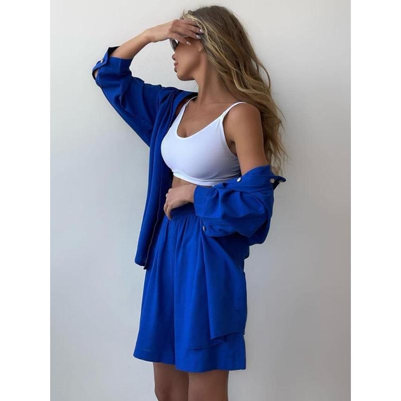 Fashion Long Sleeve Shirt and Loose Wide Leg Shorts Sets Women Buttons Spring Autumn Elastic Waist Casual Shorts Suit Outfits Elegant Clothes 1083