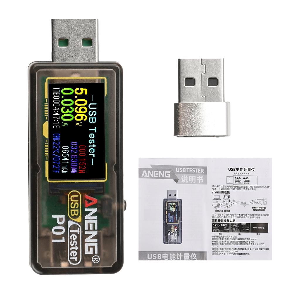

P01 USB Tester Voltmeter Ammeter 4V-30V Fast Charge Detection Power Bank Real Time Temperature Cumulative Capacity Measurement