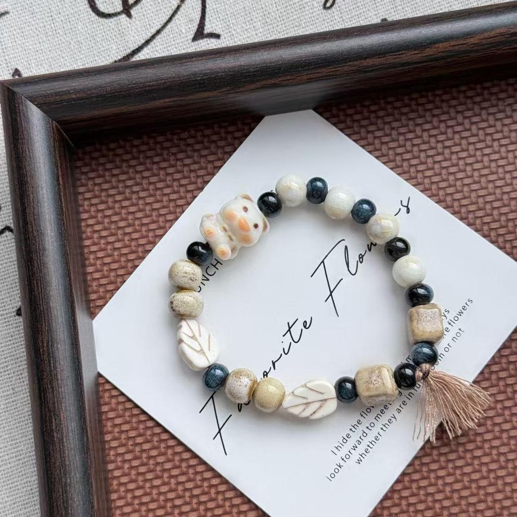 Jingdezhen Handmade Lucky Bear Bracelet with Forest Tassel Style.