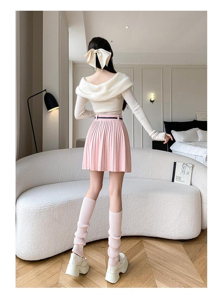 Minirock aus plissiertem Strick mit hoher Taille und Gürtel - Vielseitig, schlankmachend, elastische A-Linie für den Herbst