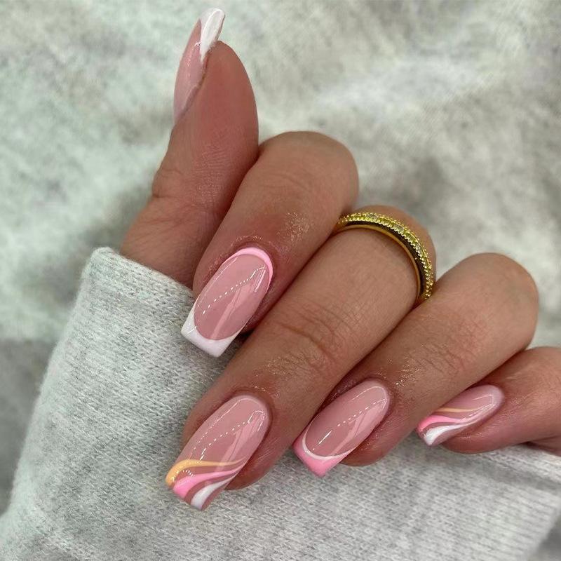 Wearing nail piece Pink white contrasting color French wearable nail sticker Three-color wavy nail piece Nail art product