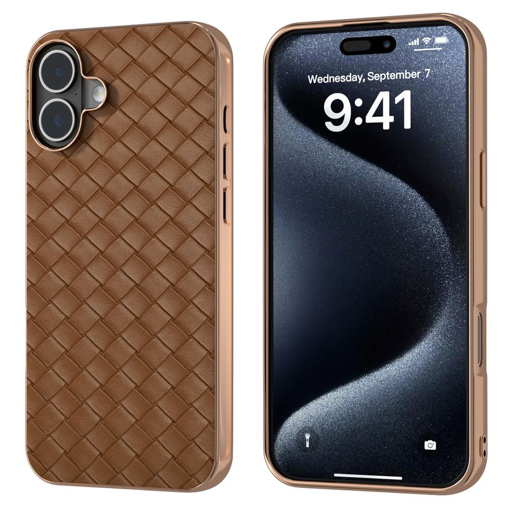 For iPhone 16 Plus Case Woven Texture Electroplating Edge Leather Coated PC+TPU Phone Cover