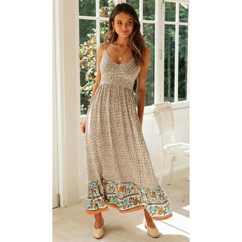Womens Summer Floral Long Dress Ladies Bohemian V-neck Suspender Floral Holiday Dress