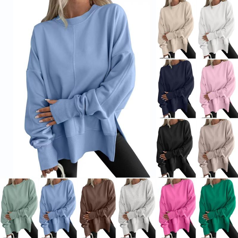 Loose Fleece Sweatshirt Round Neck Side Split Long Sleeve Casual Top For Women
