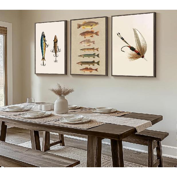 ZPJLRFC 3Pcs Vintage Fishing Canvas Wall Art Minimalism Fishing Gear Posters Artwork Fisherman Cave Painting Pictures Wall Decor for Outdoorsy Cabin