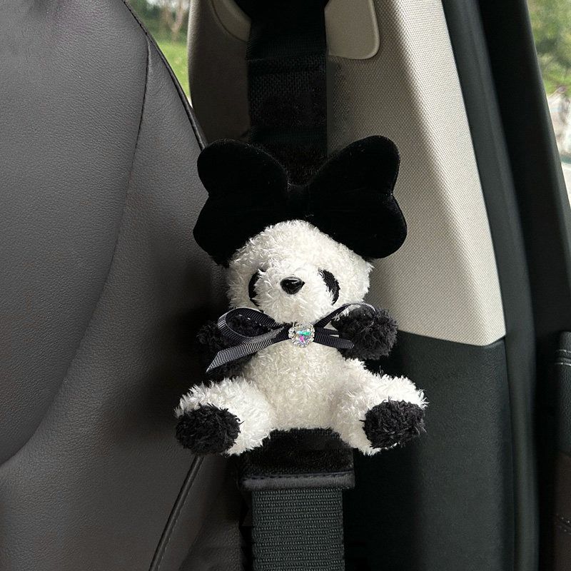 Short Cartoon Panda Car Safety Belt Shoulder Pad Cover Cute Teddy Soft Car Safty Belt Cover Car Interior Ornaments