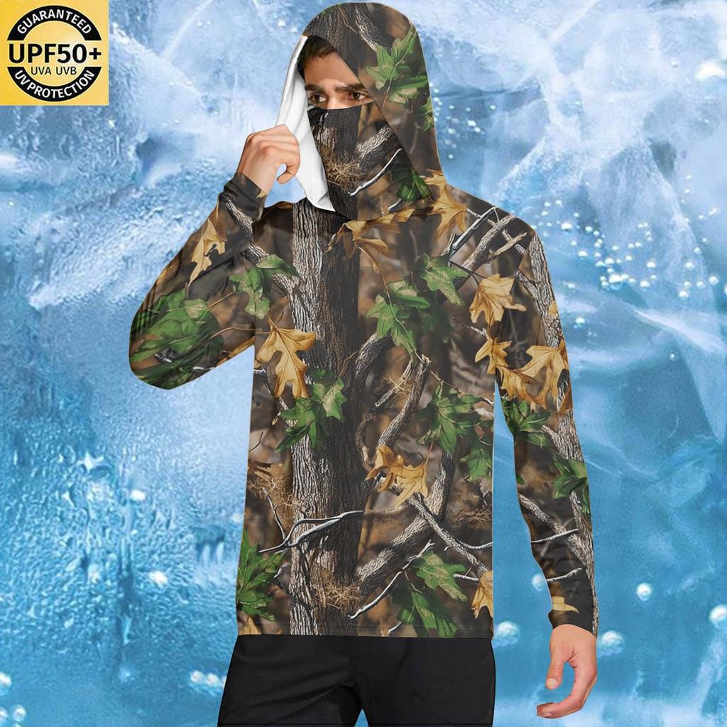 Men's Casual Leaf Camouflage Print Hooded Long Sleeve Sun Protection Jacket Lightweight Breathable Outdoor Sportswear