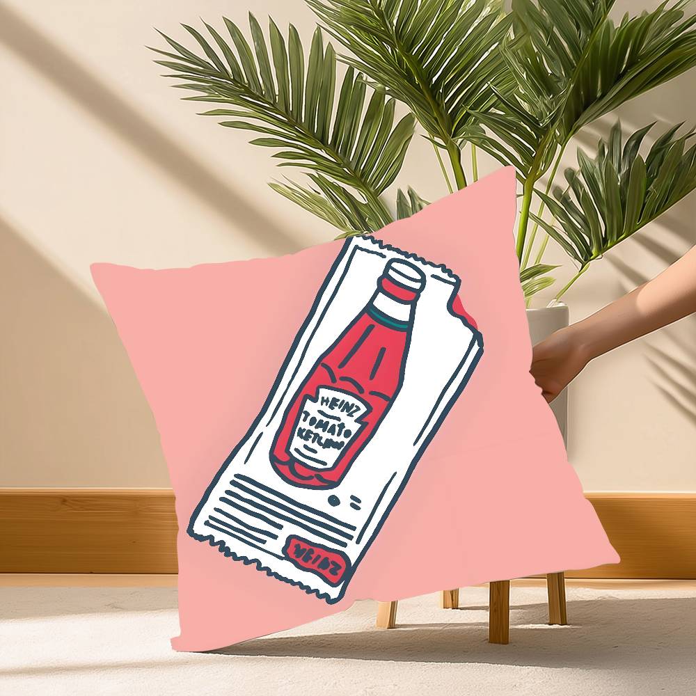 Funny H-heinzS Ketchup Label Pillow Case Soft Plush Fabric Double Sided Print Decorative Home Living Room Gift Cushion
