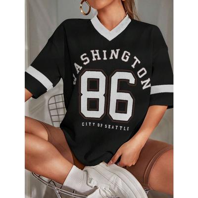 Oversized T-shirt For Women V-Neck Short Sleeve Summer New Pink Patchwork Streetwear Tops Casual Football Jersey Y2k Tees