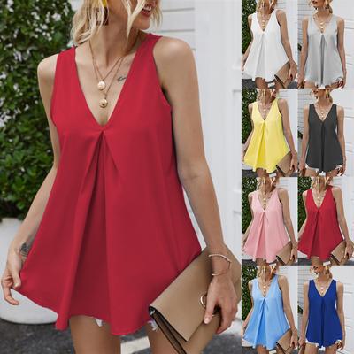 Women Summer Casual Sleeveless Solid Color V Neck Vest Top