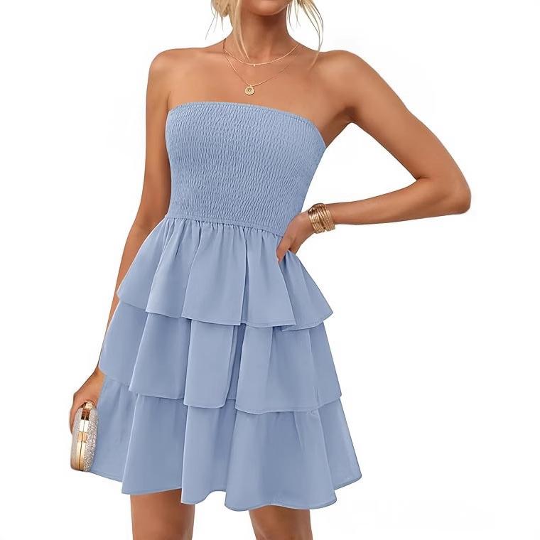 Women's Smocked Strapless Tiered Ruffle Mini Dress Casual Summer Beach Sundress Party Dress