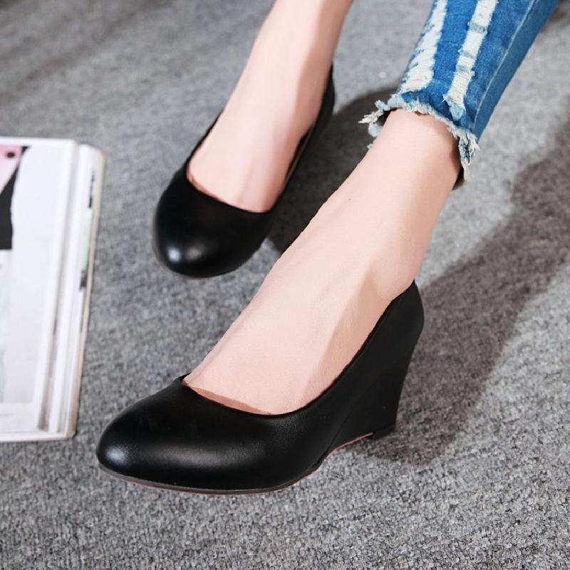 Spring new large-size women's shoes simple and versatile shoes light mouth round head wedge heels single shoes high heels white