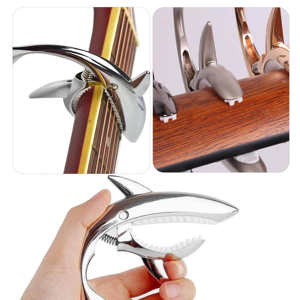 ESJNNK Capo Shark Shape Guitar Capo One Touch Alloy Guitar Capo Tast for with 6 Picks Durable Acoustic/Electric Guitar/Ukulele (Silver)