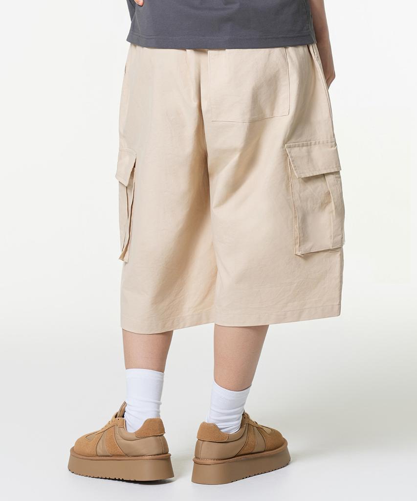 MOZMOZ Linen-Like Cargo Bermuda Wide Pants Beige