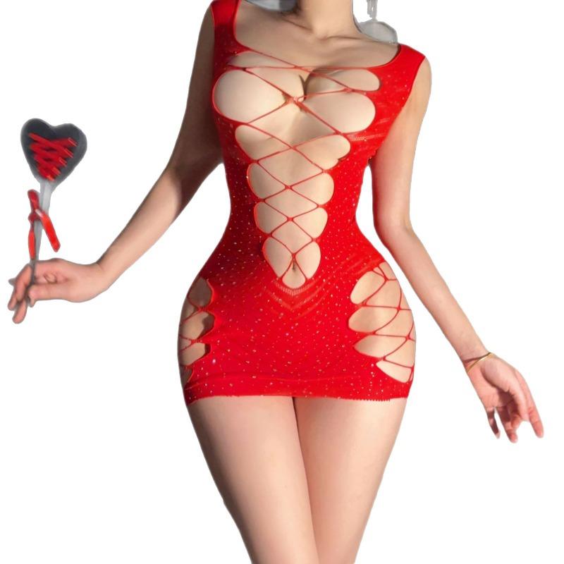 Sexy Underwear, Sexy Hot Diamonds, Shiny Mesh Coat, Hollowed-out Breasts, Open Crotch, Free of Passion, Hip Skirt, Uniform