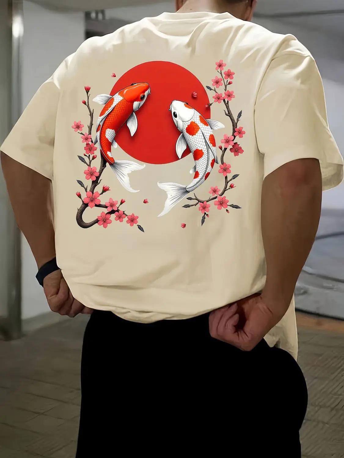 Mens shortsleeved red and white striped carp print 100 cotton pattern casual and fashionable comfortable Tshirt S