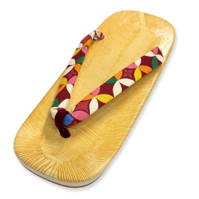 Edoten Geta Sandals, Made In Japan, Yellow Tatami Sole, Patterned Strap, Shippo Red, Size LL