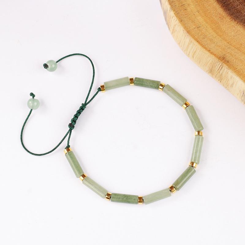 Green Jade Tube Bead Bracelet – Gold Accent Adjustable Boho Jewelry, Serenity Protection Gift for Men & Women