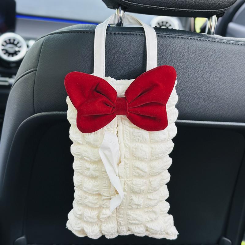 Cute Pink Bow Car Tissue Box Soft Puff Auto Seat Headrest Hanging Paper Tower Holder Organizer Bag Car Interior Accessories