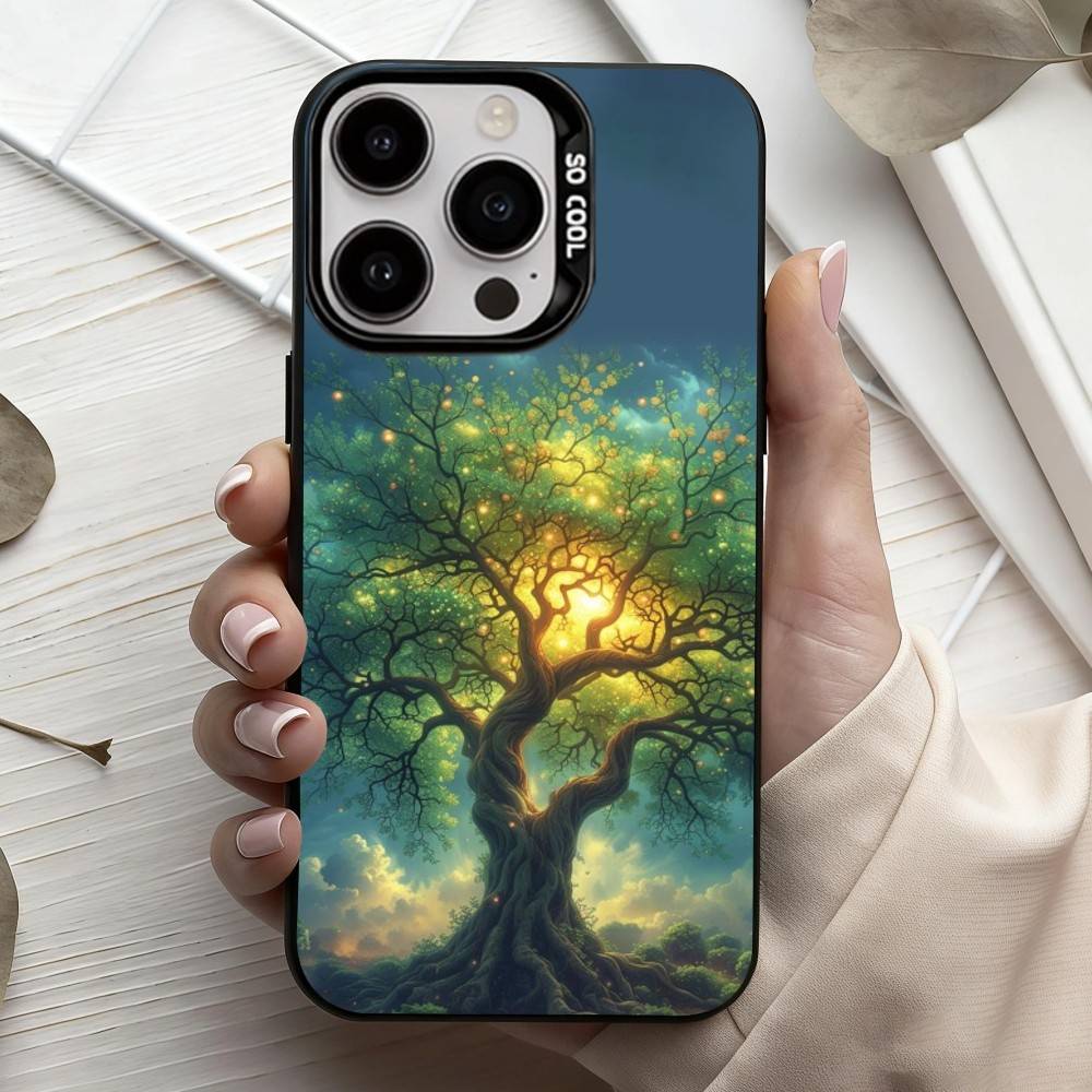 W-World L-Life Tree Mobile Phone Case For iPhone17,16,15,14,13,12,11 Plus,Pro Max Black Candy Silver Plated Cover