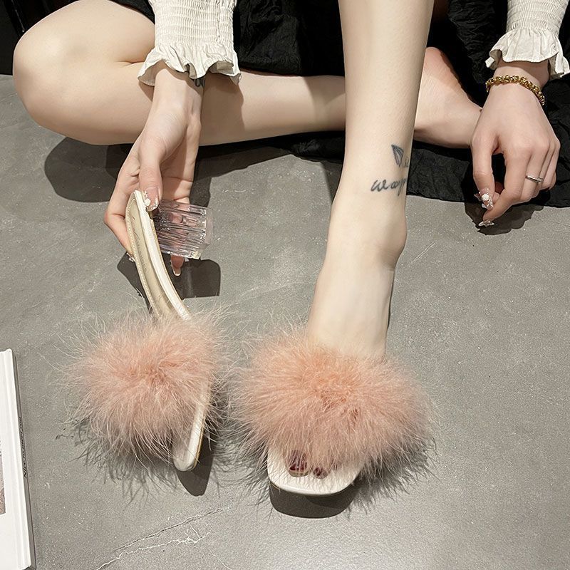 Spice Girl Transparent Heel Cool Slippers One-word Drag Royal Sister Style Thick Heel High Heels Fluffy Slippers Female Summer