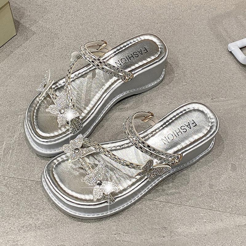 Rhinestone Bow Thick-bottomed Cool Slippers Women's 2025 Summer New Outer Wear Fashionable Versatile Slope Heel Muffin One-word Drag