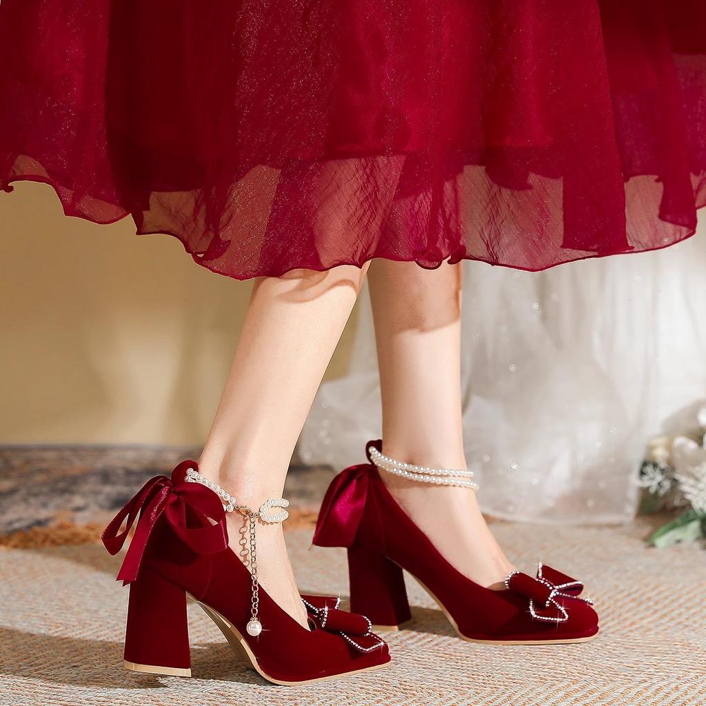 Show He Women's Bridal Mary Jane Red Chunky Heel Shoes for Petite Brides and Pregnant Women, Perfect for Chinese Wedding Toasts