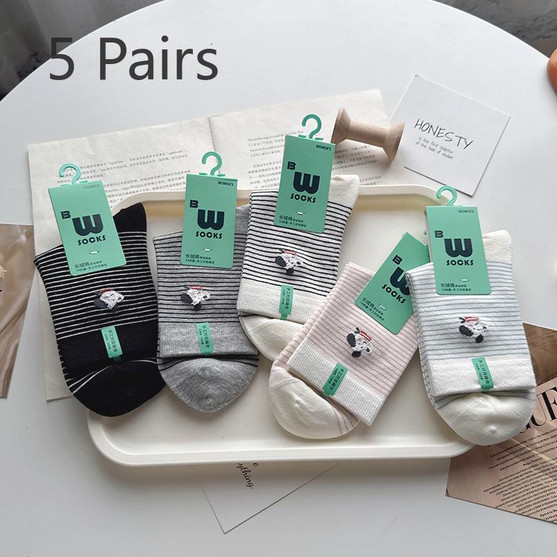 5 Paar reine Baumwollsocken für Damen Herbst und Winter Mid-Calf Cartoon Polka Dot Welpe Schweißabsorbierend und Antibakteriell Baumwolle Nahtlose Socken
