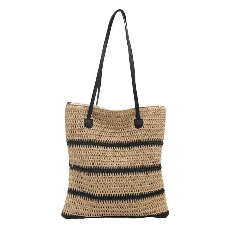 Summer Woven Tote Bag With Zipper Closure For Casual Daily Use