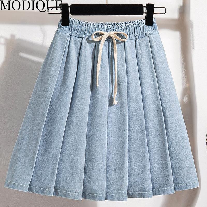 MODIQUE Summer Plus Size Women Loose Basics Elastic Mock Two-Piece Pleated Short Skirts Female Casual Blue Denim Short Pants