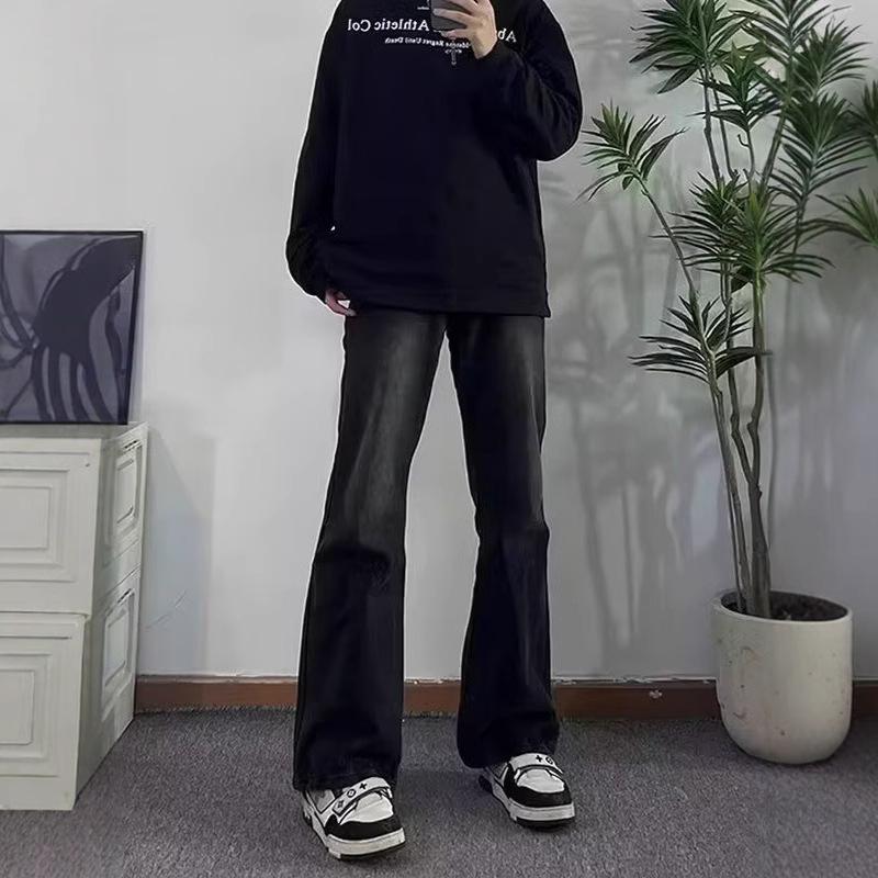 Black micro-pull jeans men's autumn thin straight ruffian handsome high-end pants American retro high street trousers