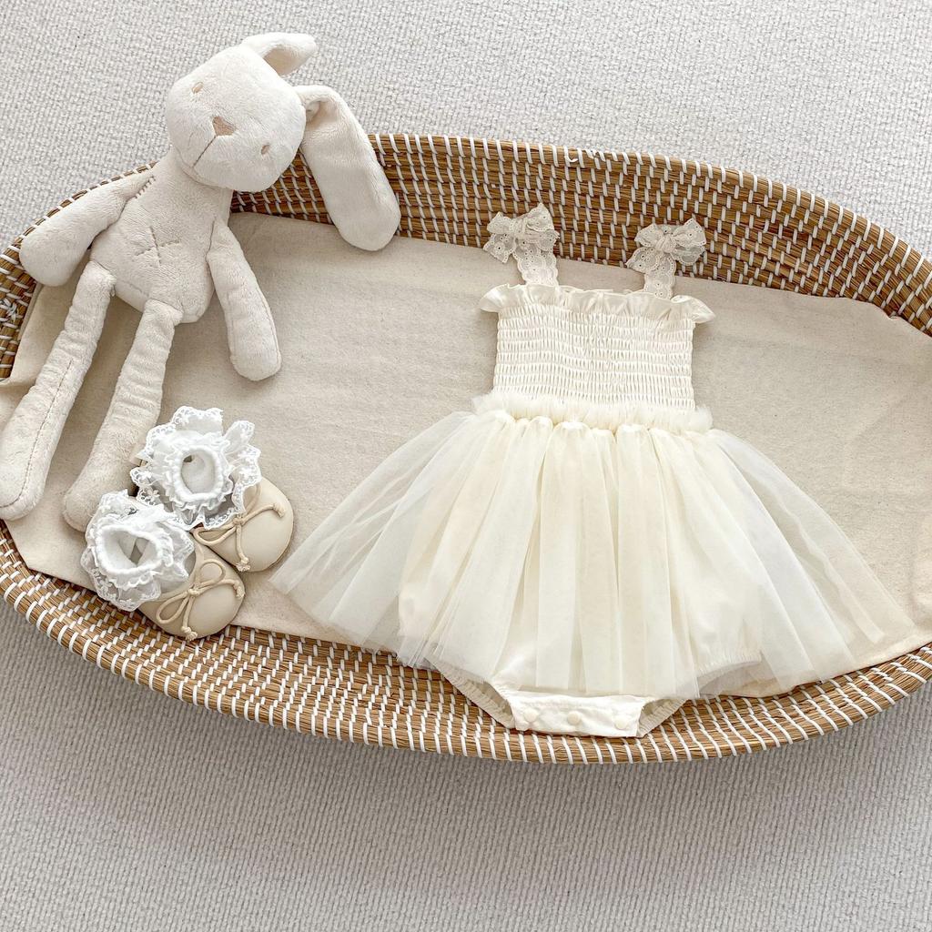 Baby Girl Summer Bow Strap Romper with Tulle Dress for 100 Day and 1st Birthday