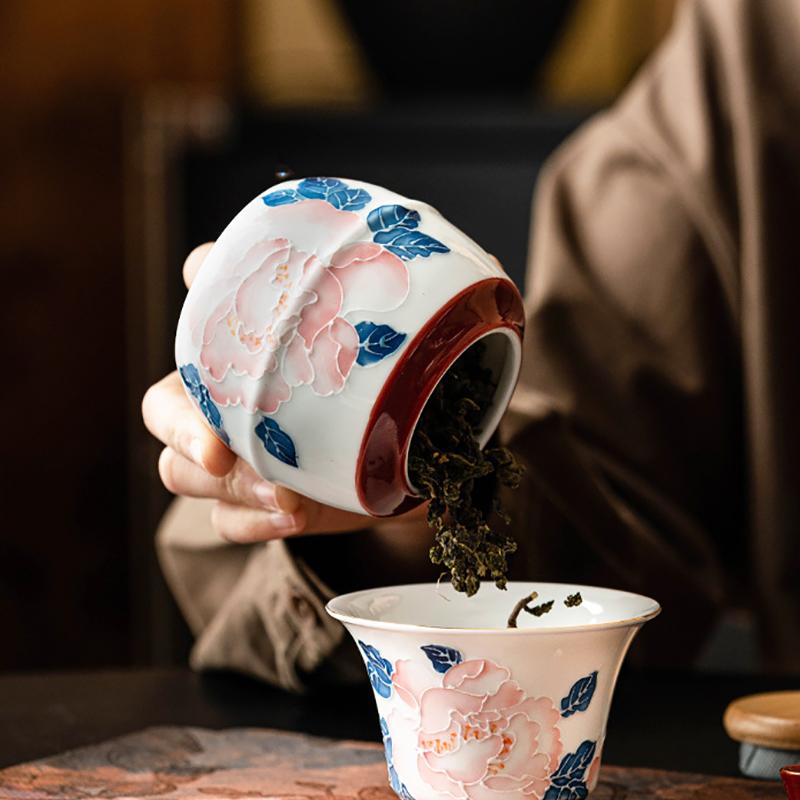 Creative Ceramic Peony Tea Canister Small Portable Candy Nuts Coffee Bean and Herb Storage Jar Moisture-Proof Sealed Container