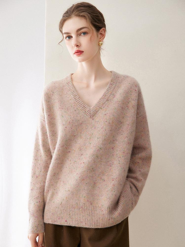 Floral Yarn Women's V-neck Cashmere Sweater - Winter 2026 New Arrival, Elegant Style, Thick Loose Slimming Knitwear.