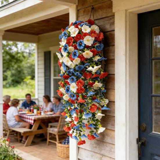 Patriotic Red White Blue Hanging Flowers Artificial Morning Glory Flower Vine UV Resistant Fake Plants for 4th of July Memorial Day Independence Day