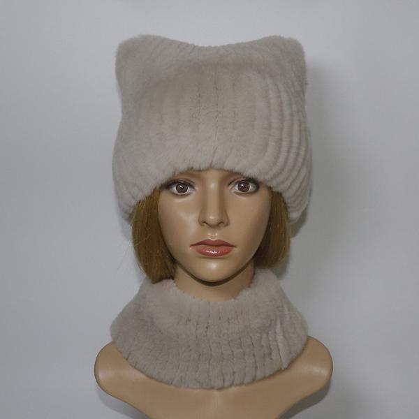 Winter Girls Fashion Fluffy Real Rex Rabbit Fur Hat Scarf Sets Warm Real Rex Rabbit Fur Cat's ear Hats Scarves Women Fur Caps