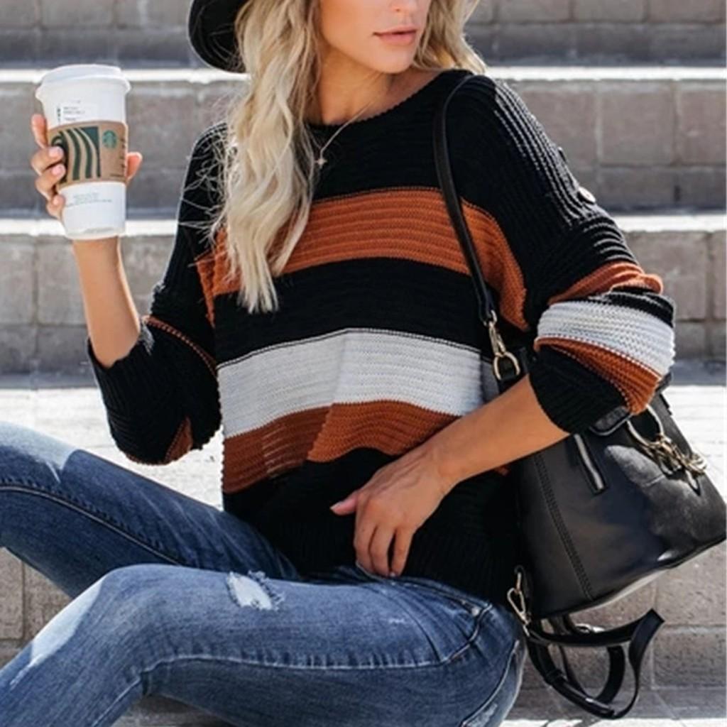 Women's Long Sleeve  Striped Color Block Casual Loose Knitted Pullover