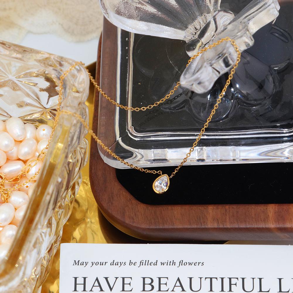 Chris April 316L Stainless Steel Pear Cut Zirconia Simple Pendant Necklace for Women