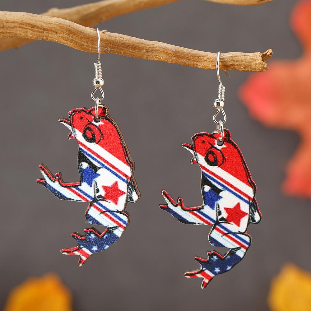 US Handmade Frog and Chick Independence Day Wooden Earrings