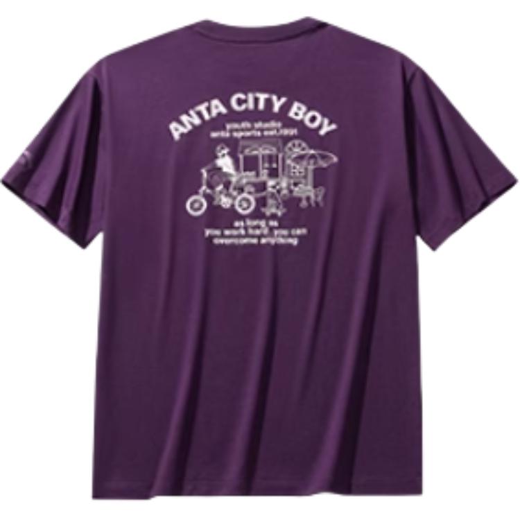 Anta Lifestyle Series Sports Casual Simple Solid Color Round Neck Pullover Short Sleeve T-Shirt Men Tops Purple-Sand 952528102-6