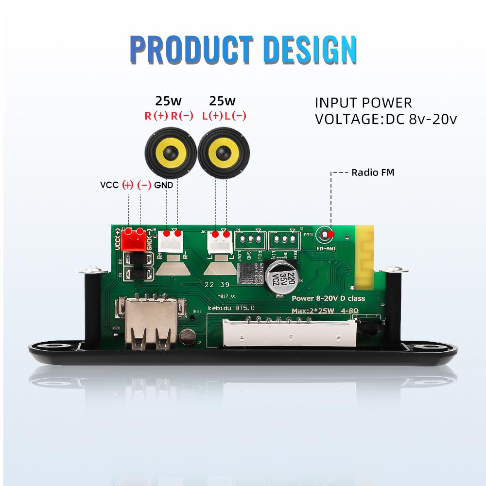 Car 12V FM Radio Module 50W Amplifier Stereo MP3 Decoder Board Bluetooth 5.0 USB TF Card AUX For Recording Speaker Handsfree