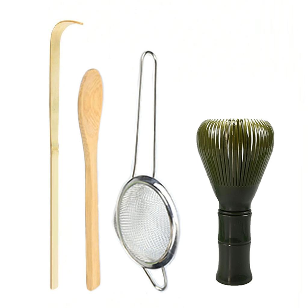4dílná sada metliček Matcha - Plastová metlička, Sítko na čaj, Lžička, Lžička, Sítko, Perfektní startovací sada Matcha pro čajový obřad Matcha
