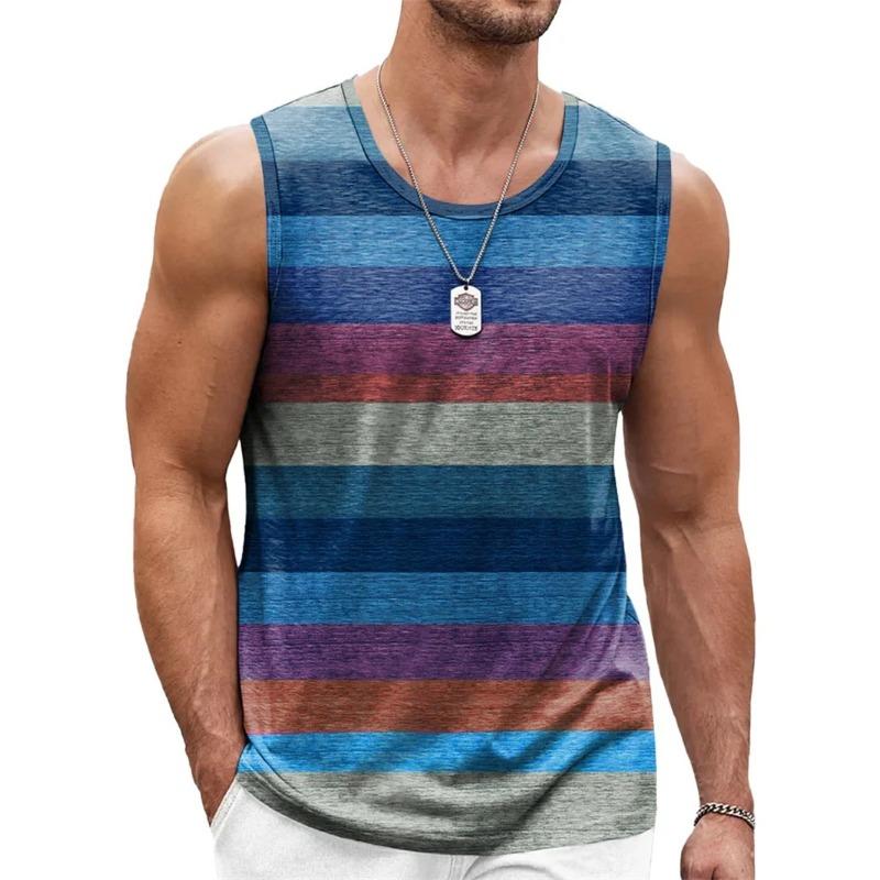 Retro Striped Graphic Tank Tops For Men Fashion Casual Summer Sleeveless 3D Printed Vest Loose Crew Neck Quick Dry Sports Tees