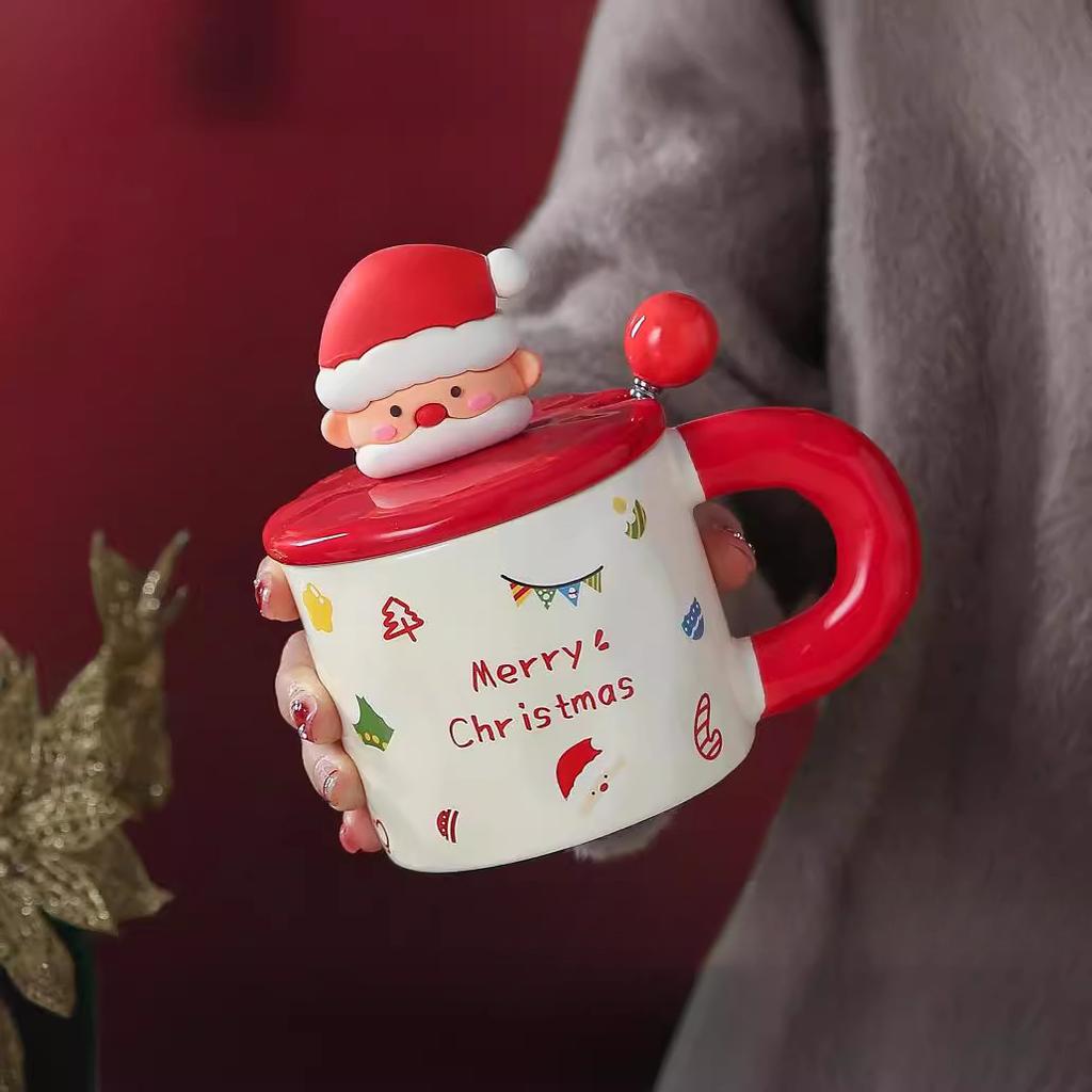 Christmas Mug Christmas Gift Ceramic Cup Cute Cartoon Coffee Cup with Lid Spoon Souvenir