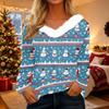 Women's Casual Christmas Print V-Neck Top with Plush Collar and Long Sleeves
