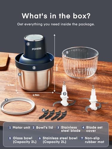Zerkleinerer Electric Food Chopper 300W with 2L+1.8L Dual Bowls & Bi-Level Stainless Steel Blades for Meat Onions Vegetables Kitchen