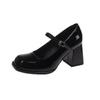 Fashion Mary Jane Single Shoes Women's New Autumn Patent Leather Square Toe Shallow Mouth One Strap Non-Slip Block Heel Pump Shoes