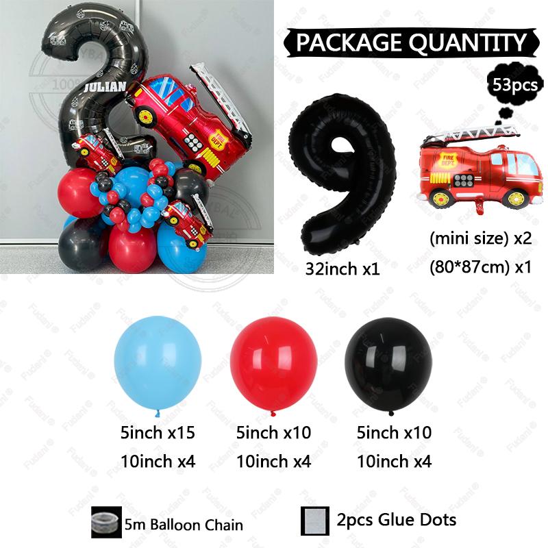 53pcs Fire Truck Balloon 1-9 Black Digital Set Red Blue Black Fire Globos for Boys Kids Firefighter Themed Birthday Party Decors 32inch