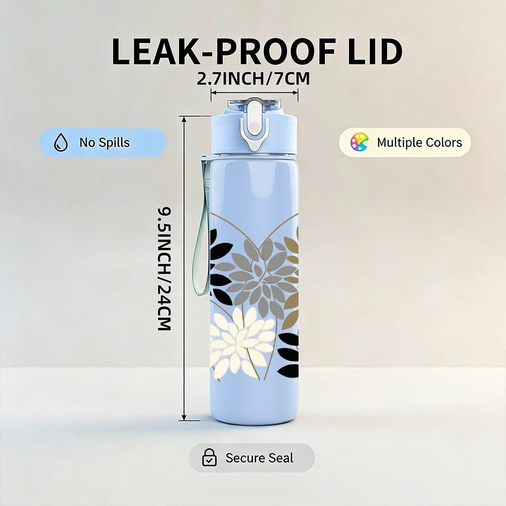 1PC Black White Floral Print 750ml Color Plastic Sports Water Bottle Leakproof Flip Straw Lid Suitable for Sports Office Home Use