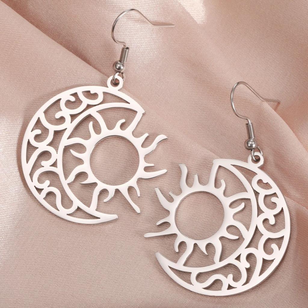 LIKGREAT Vintage Celtic Crescent Moon Sun Drop Dangle Earrings for Women Stainless Steel Good Luck Pendant Jewelry Birthday Gift